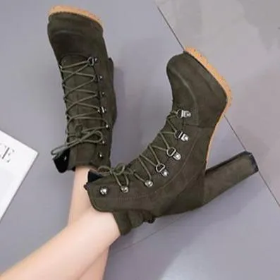 Women's faux suede chunky high heel combat booties