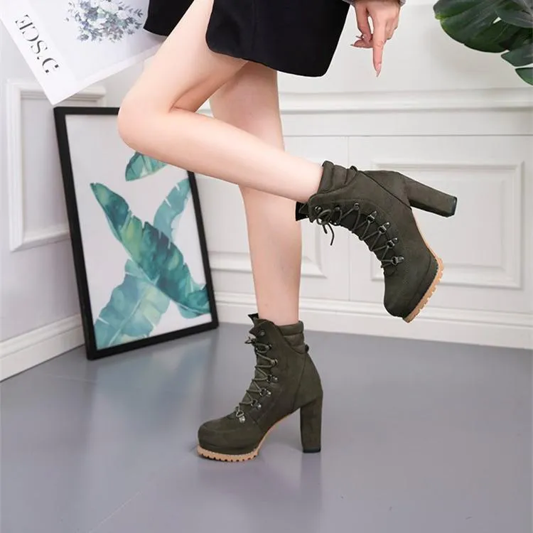 Women's faux suede chunky high heel combat booties