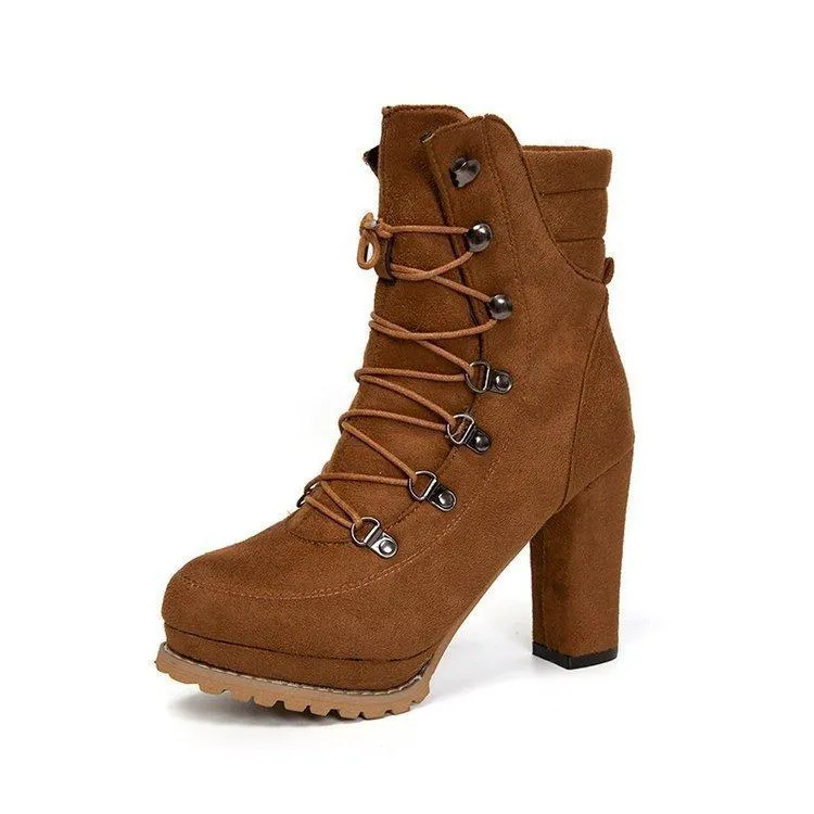 Women's faux suede chunky high heel combat booties