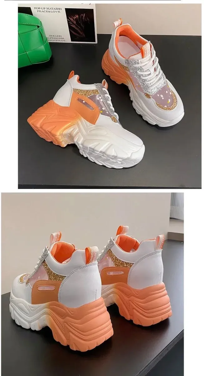 Women's Platform Sneakers – Breathable Mesh, Sequin Patchwork