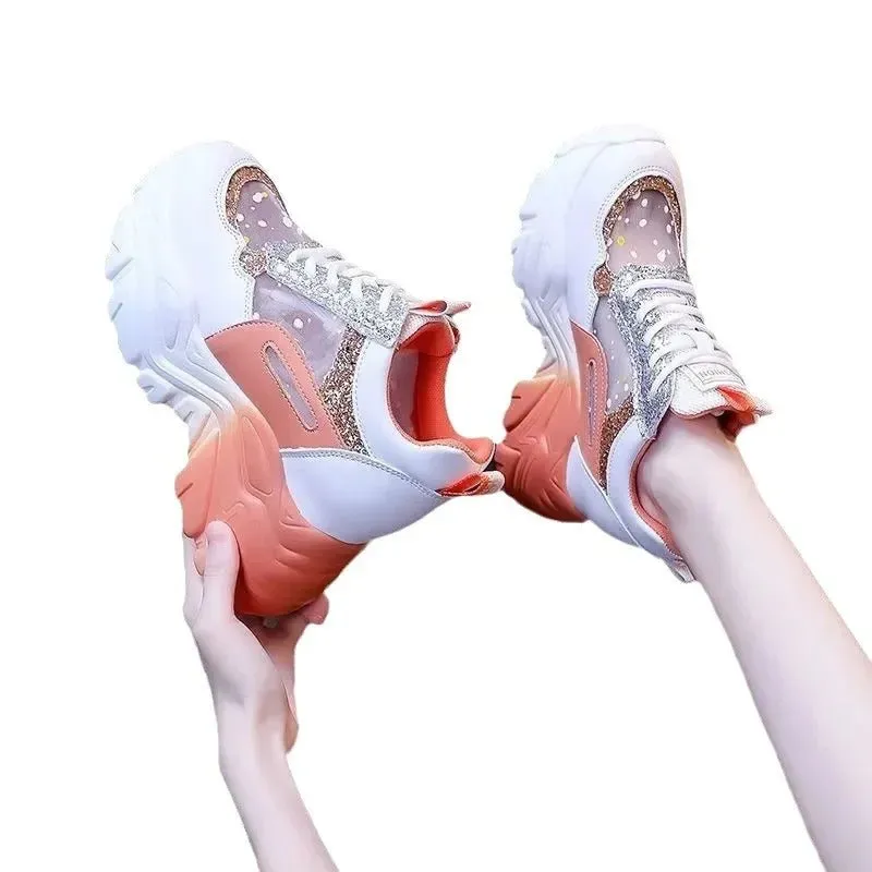 Women's Platform Sneakers – Breathable Mesh, Sequin Patchwork