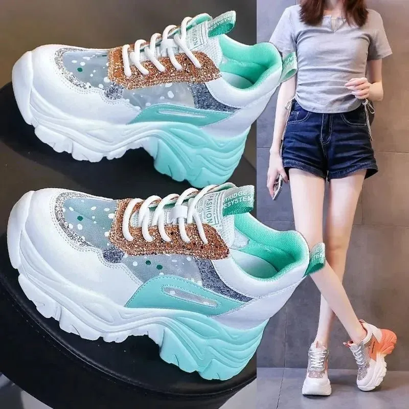 Women's Platform Sneakers – Breathable Mesh, Sequin Patchwork