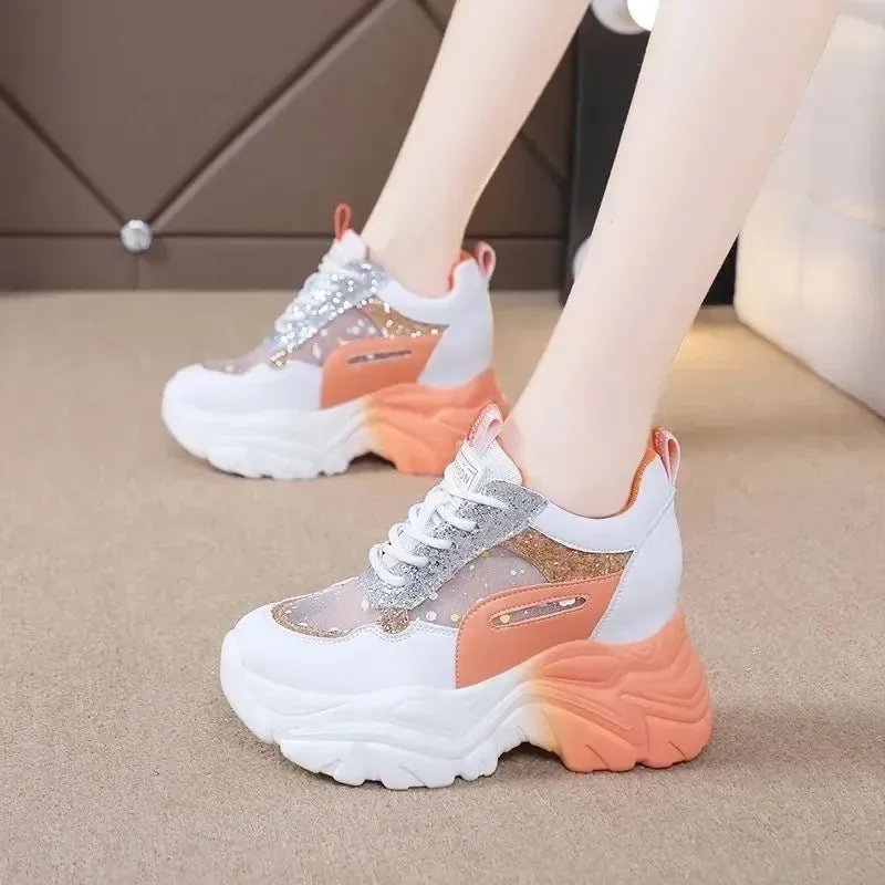 Women's Platform Sneakers – Breathable Mesh, Sequin Patchwork