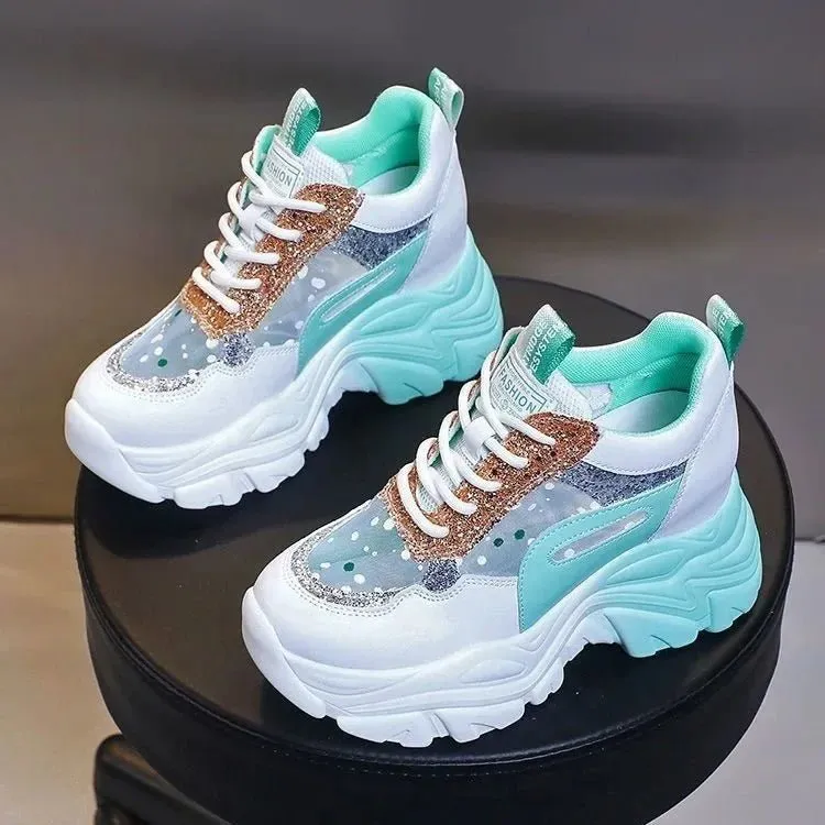 Women's Platform Sneakers – Breathable Mesh, Sequin Patchwork