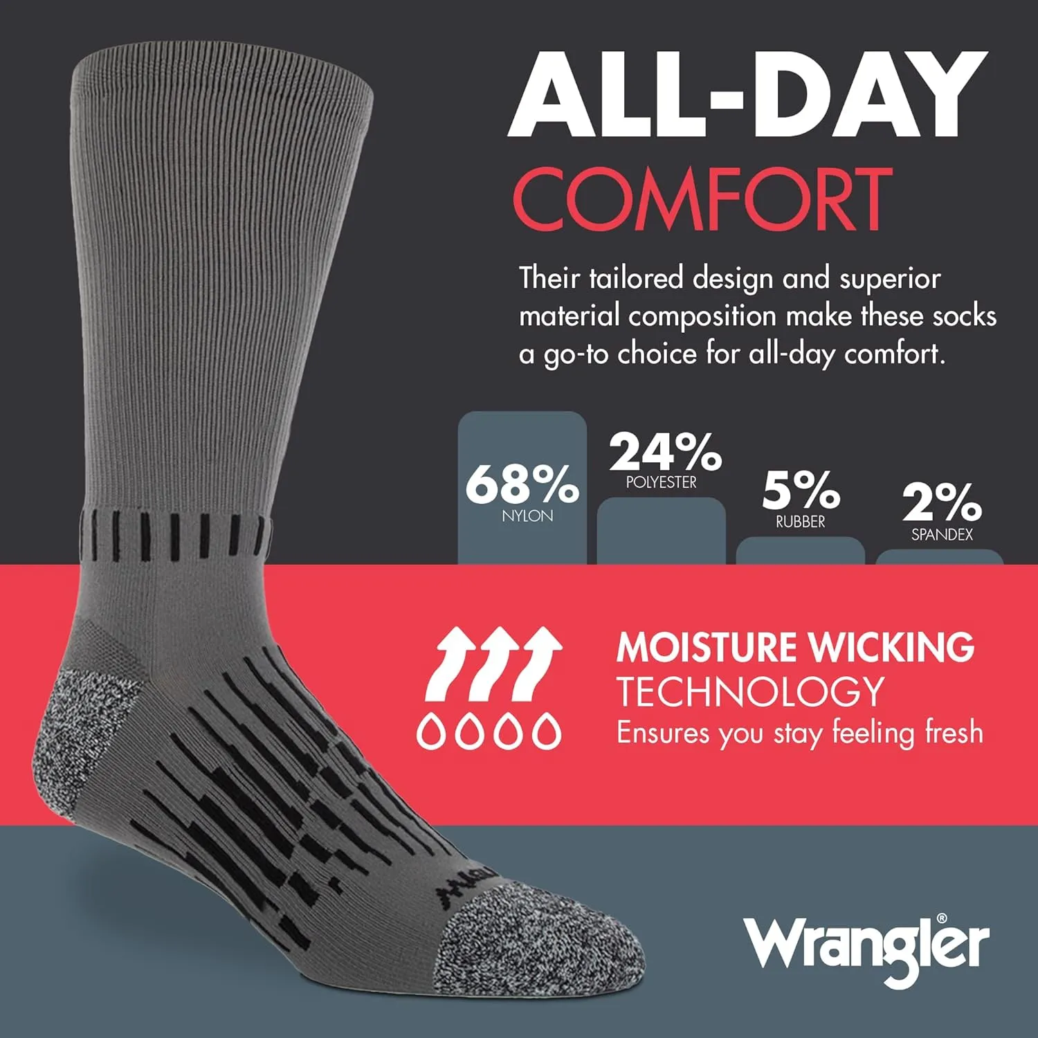 Wrangler - Peak Men's Crew Socks - Durable Half Cushion Socks with Arch Support